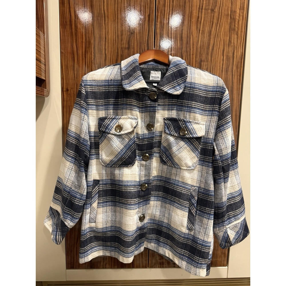 Kensie Jeans Women Flannel Button Up Shirt Cream Blue Plaid Size M